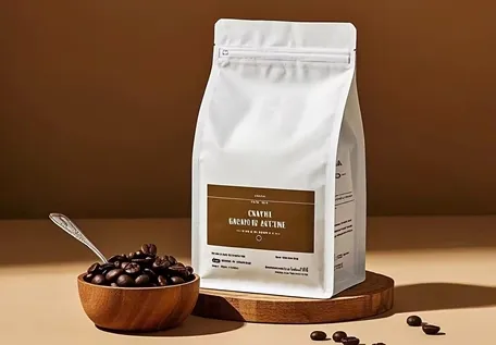 Bolsa plana de fondo con pliegues de acordeón extendidos y soporte para café