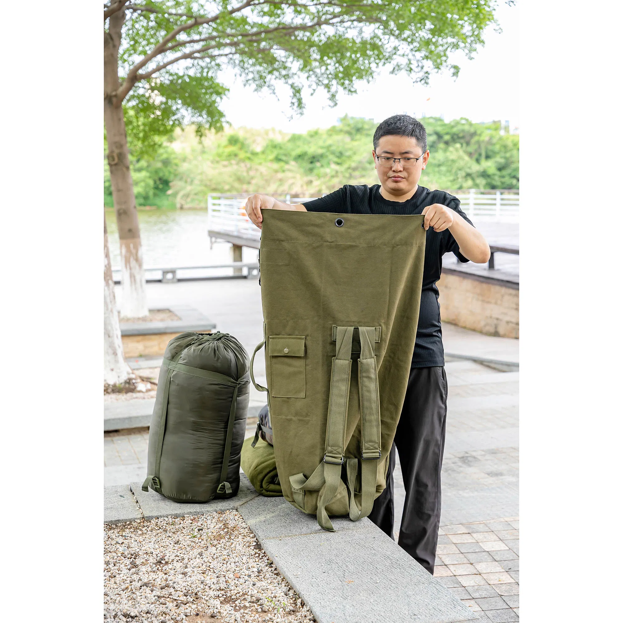 20 Mochila de cubo de lona verde Oz, bolsa de barril de alta calidad, bolsa de viaje impermeable
