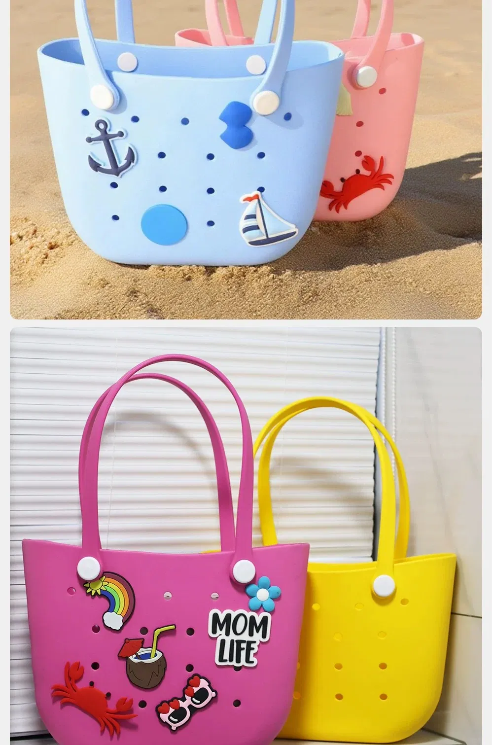 Bolsa de playa portátil, ligera, impermeable y lavable, con diseño simple en forma de luna perforada