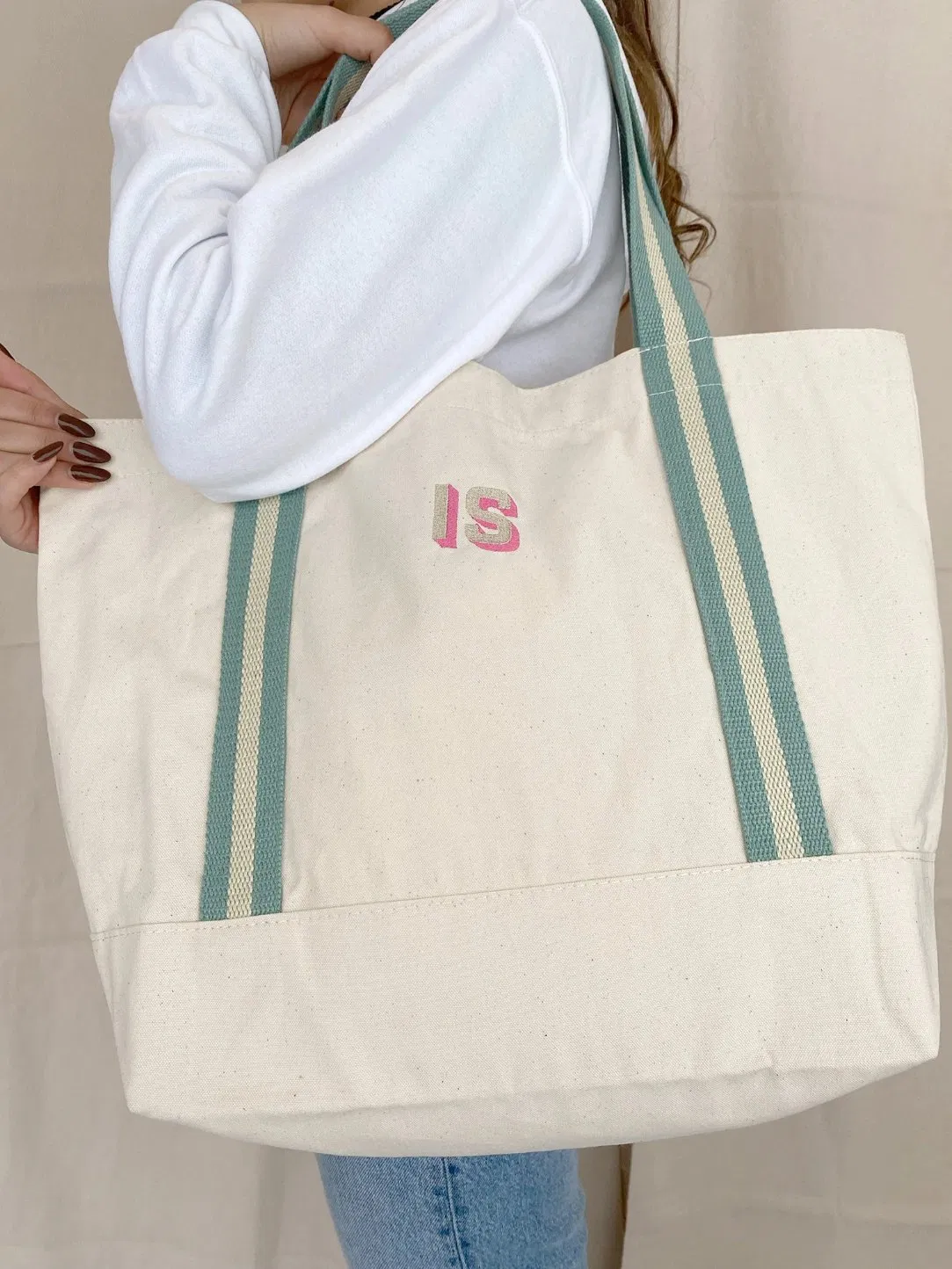 Bolsa de compras de lona de algodón personalizada y bordada reutilizable para damas