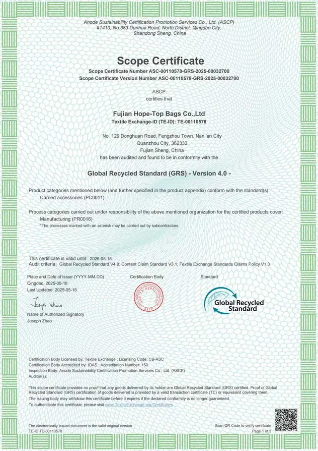 Certificación de calidad de mochilas