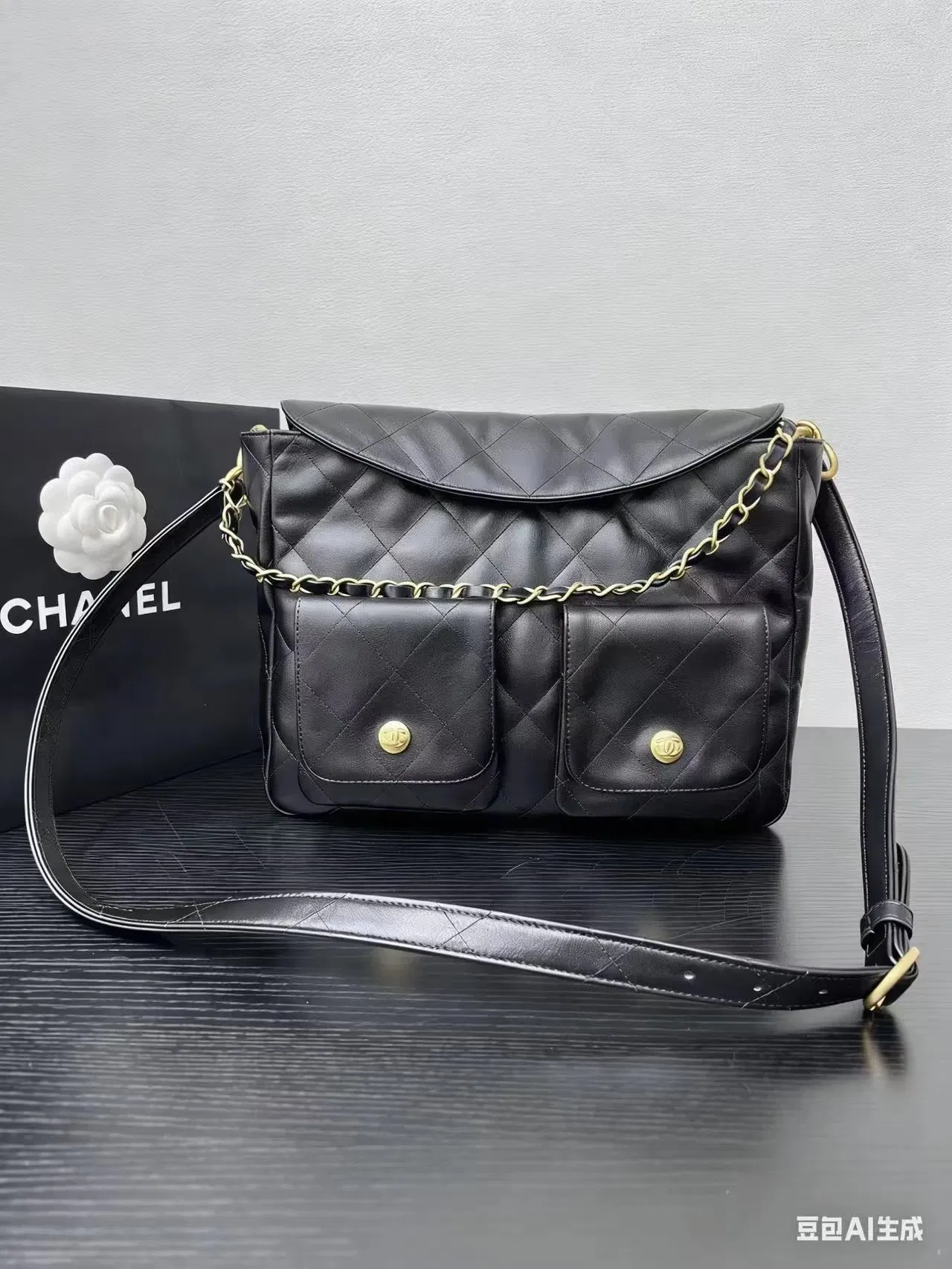 Bolso de Hombro Replica de Diseñador Premium 1: 1 Negro Acolchado de Piel de Cordero Estilo Mensajero con Herrajes en Tonos Plateados Calidad Auténtica Copia Perfecta Gran Capacidad Bandolera