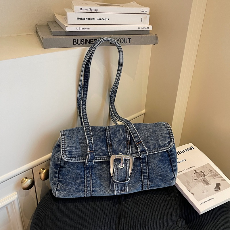 Bolso de hombro de mezclilla tipo baguette, cinturón de nicho para commuting