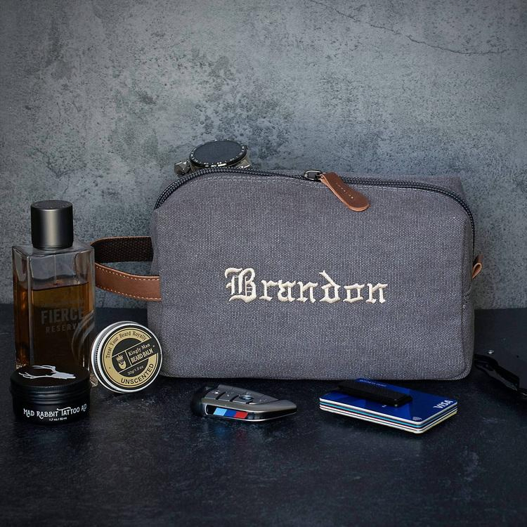 Organizador de maquillaje y cosméticos con logo bordado, bolsa de aseo de lona retro impermeable para hombres