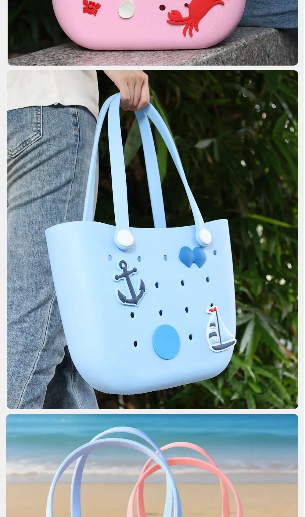 Bolsa de playa portátil, ligera, impermeable y lavable, con diseño simple en forma de luna perforada