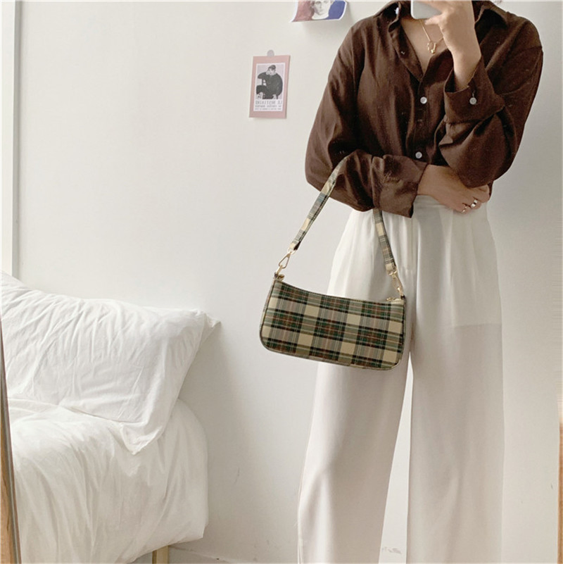 Mujeres prime; Bolsa de lona S Bag, bolso retro de hombro, bolsa diagonal de axila, tendencia de moda, bolsa baguette de cuadros
