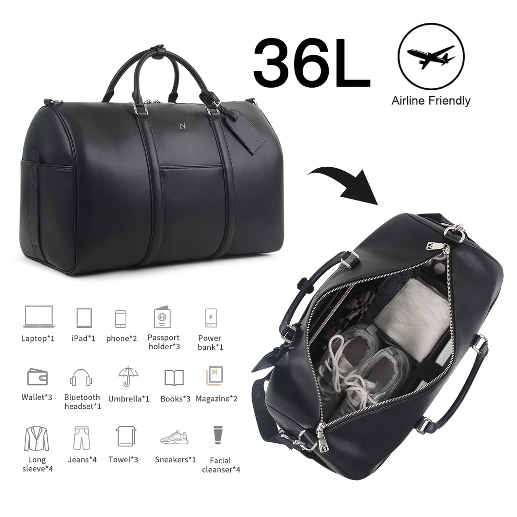 Bolsa de viaje de fin de semana personalizada ecológica unisex de cuero genuino moderno con gran capacidad y cierre de cremallera