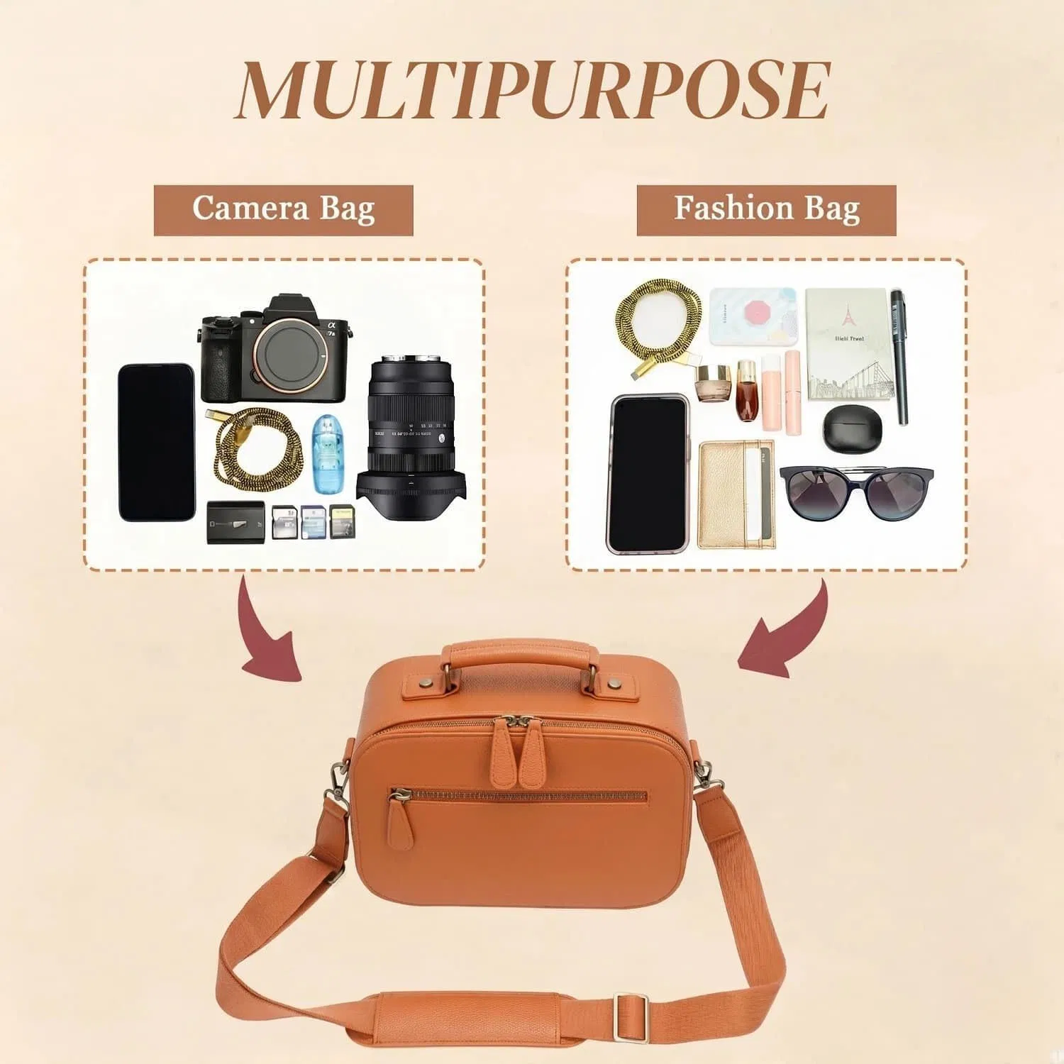 Bolsa de cámara cruzada de cuero PU impermeable con divisor desmontable, adecuada para cámaras digitales DSLR y sin espejo