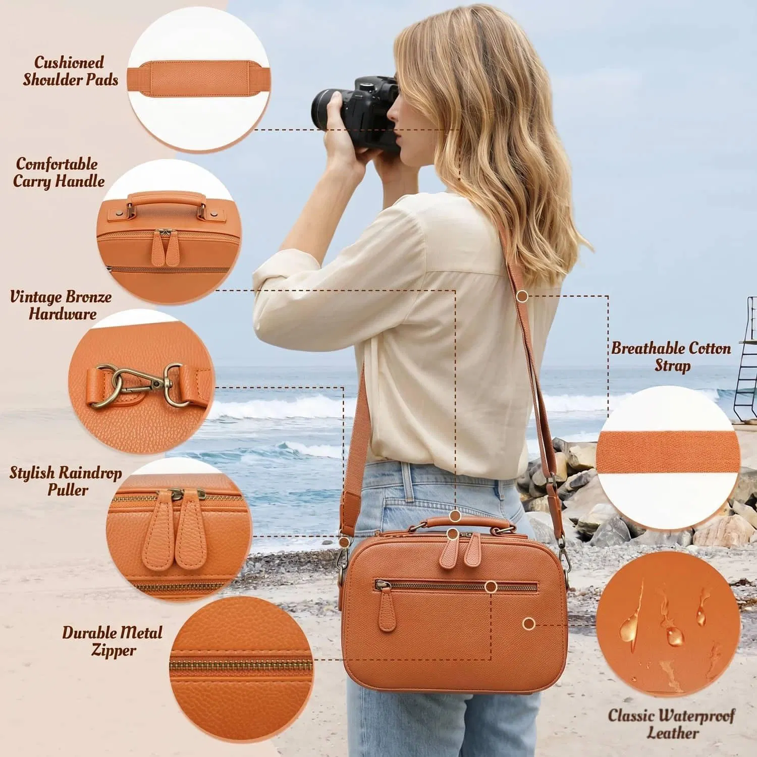 Bolsa de cámara cruzada de cuero PU impermeable con divisor desmontable, adecuada para cámaras digitales DSLR y sin espejo