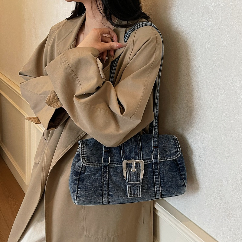 Bolso de hombro de mezclilla tipo baguette, cinturón de nicho para commuting
