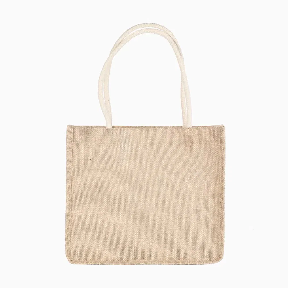 Bolsa de yute reutilizable ecológica con recubrimiento de lino, bolsa de compras de playa con logo y asas de algodón personalizadas