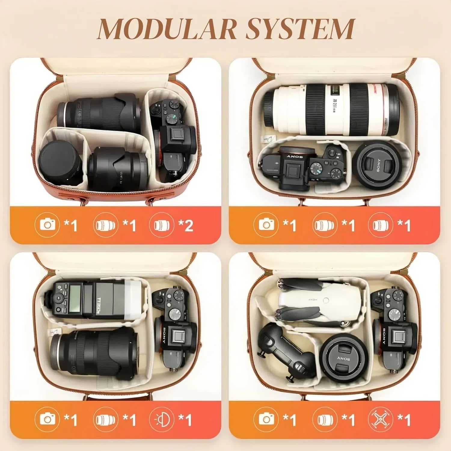 Bolsa de cámara cruzada de cuero PU impermeable con divisor desmontable, adecuada para cámaras digitales DSLR y sin espejo