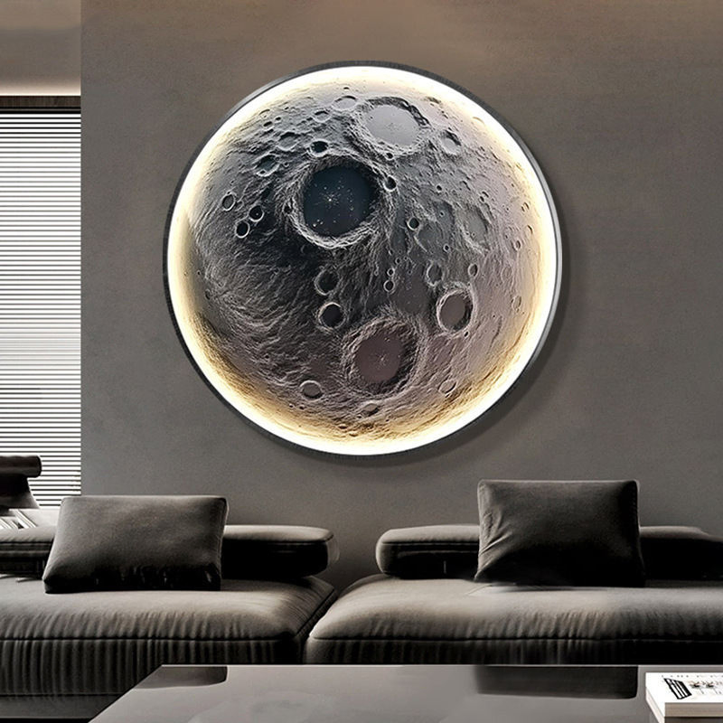 Marco de pared redondo lunar de pintura en porcelana de cristal al por mayor con LED estilo nórdico