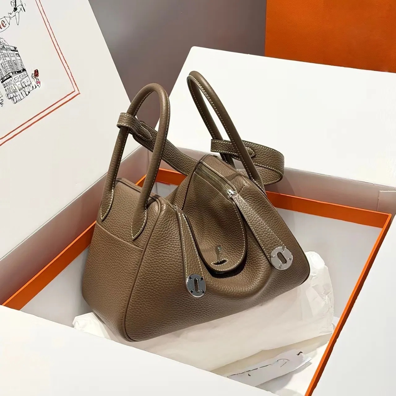H Hardware de Acero Inoxidable Tc Bolso de Cuero Genuino Lindi 19/26/30 Bolsa de Mano de Grano de Lichi de Piel de Vaca de Capa Superior para Mujeres