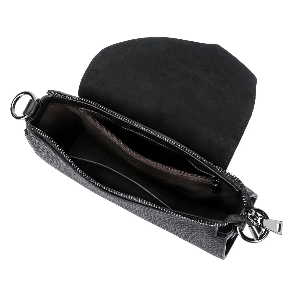 2026 Bolsa baguette de cuero negro minimalista con solapa asimétrica, bolso de hombro para uso diario