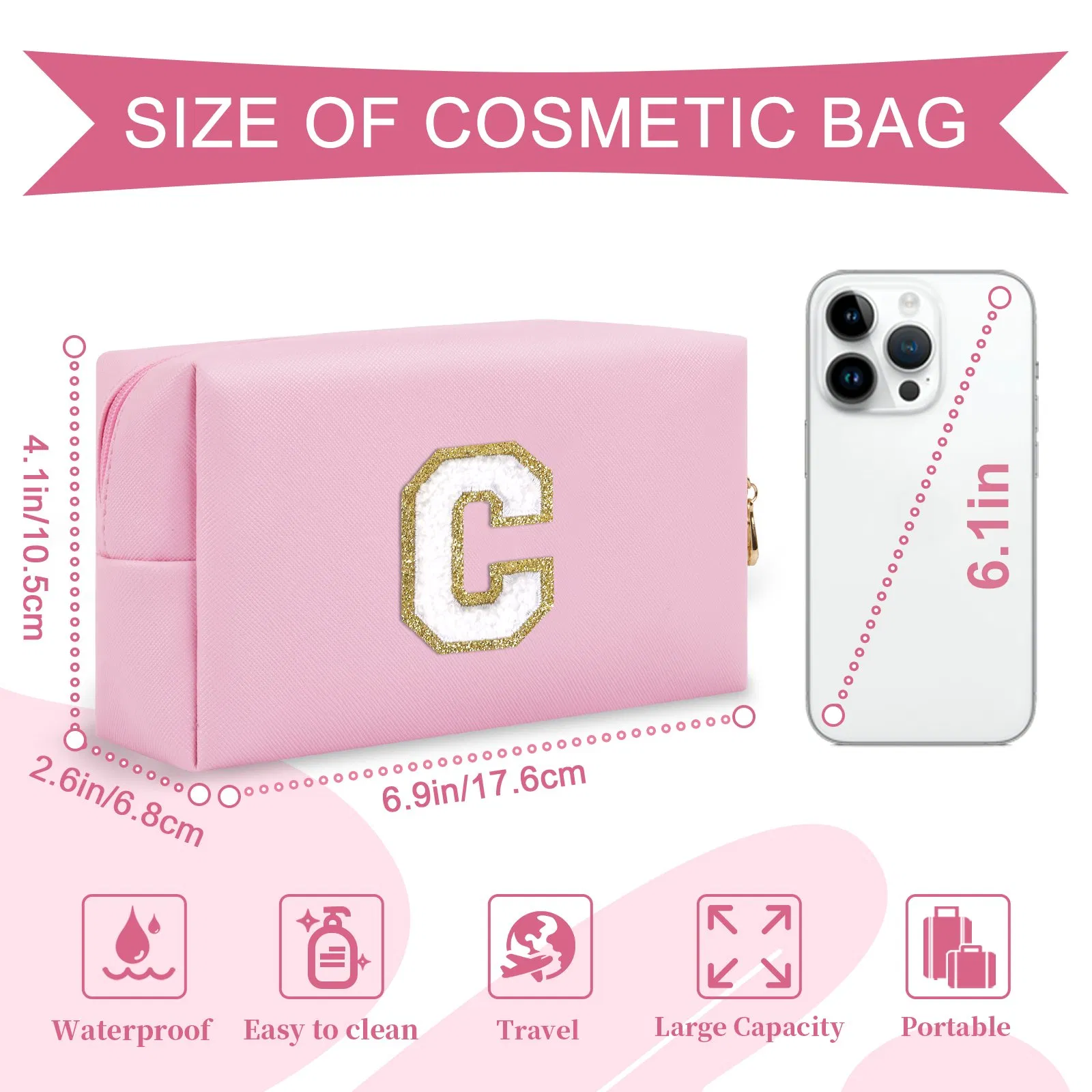 Pouch de cosméticos inicial personalizado para viajes, bolsa de maquillaje para mujeres y niñas