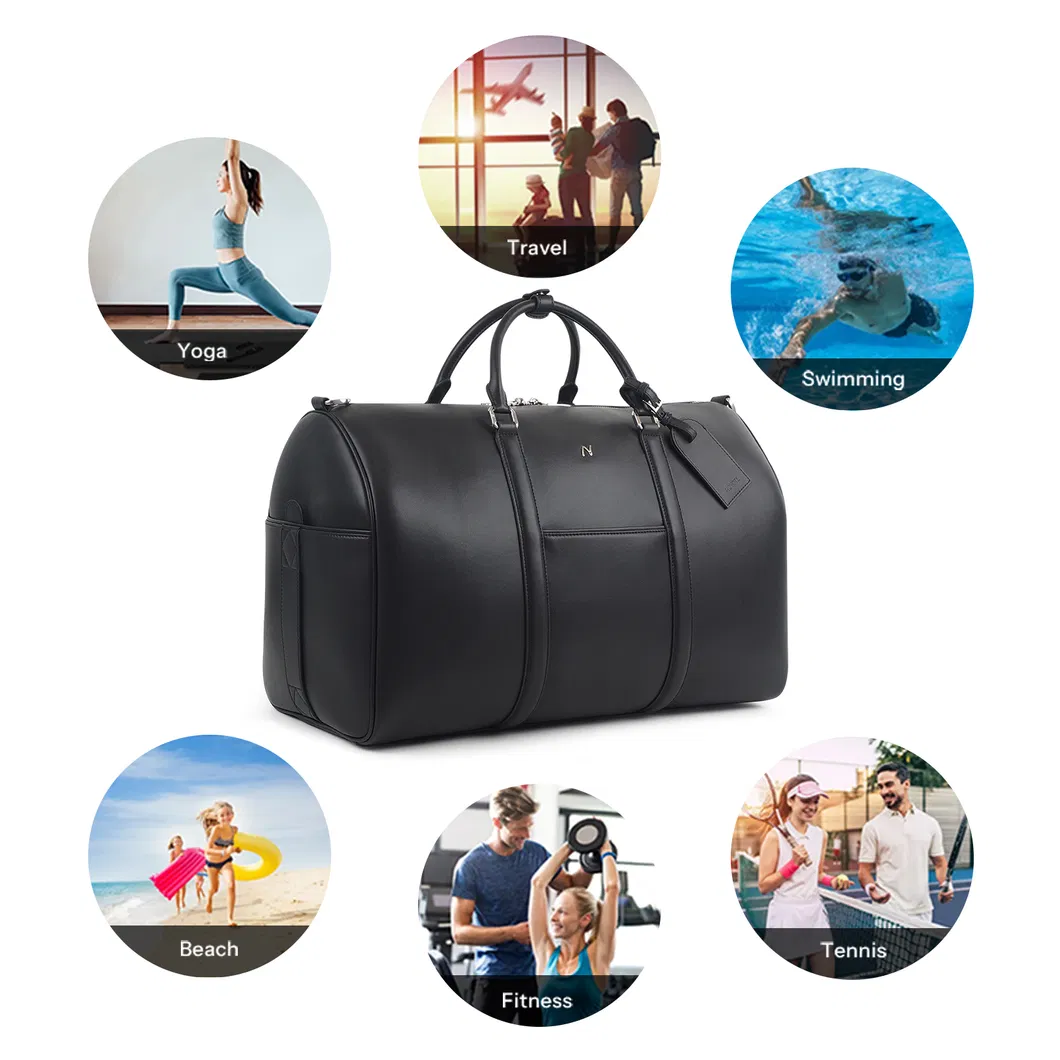 Bolsa de viaje de fin de semana personalizada ecológica unisex de cuero genuino moderno con gran capacidad y cierre de cremallera