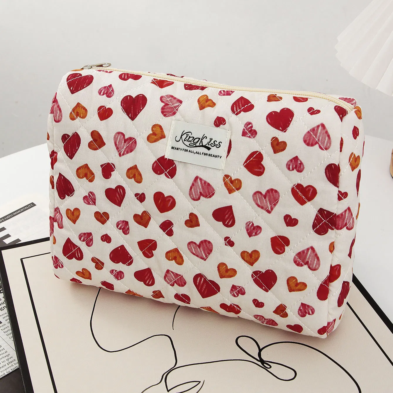 Feliz Día de San Valentín Regalo de Moda Conjunto de Neceseres de Maquillaje Personalizar Etiqueta de Logo Diseño de Corazón Rojo Material de Algodón Bolsa de Belleza Cosmética de Viaje