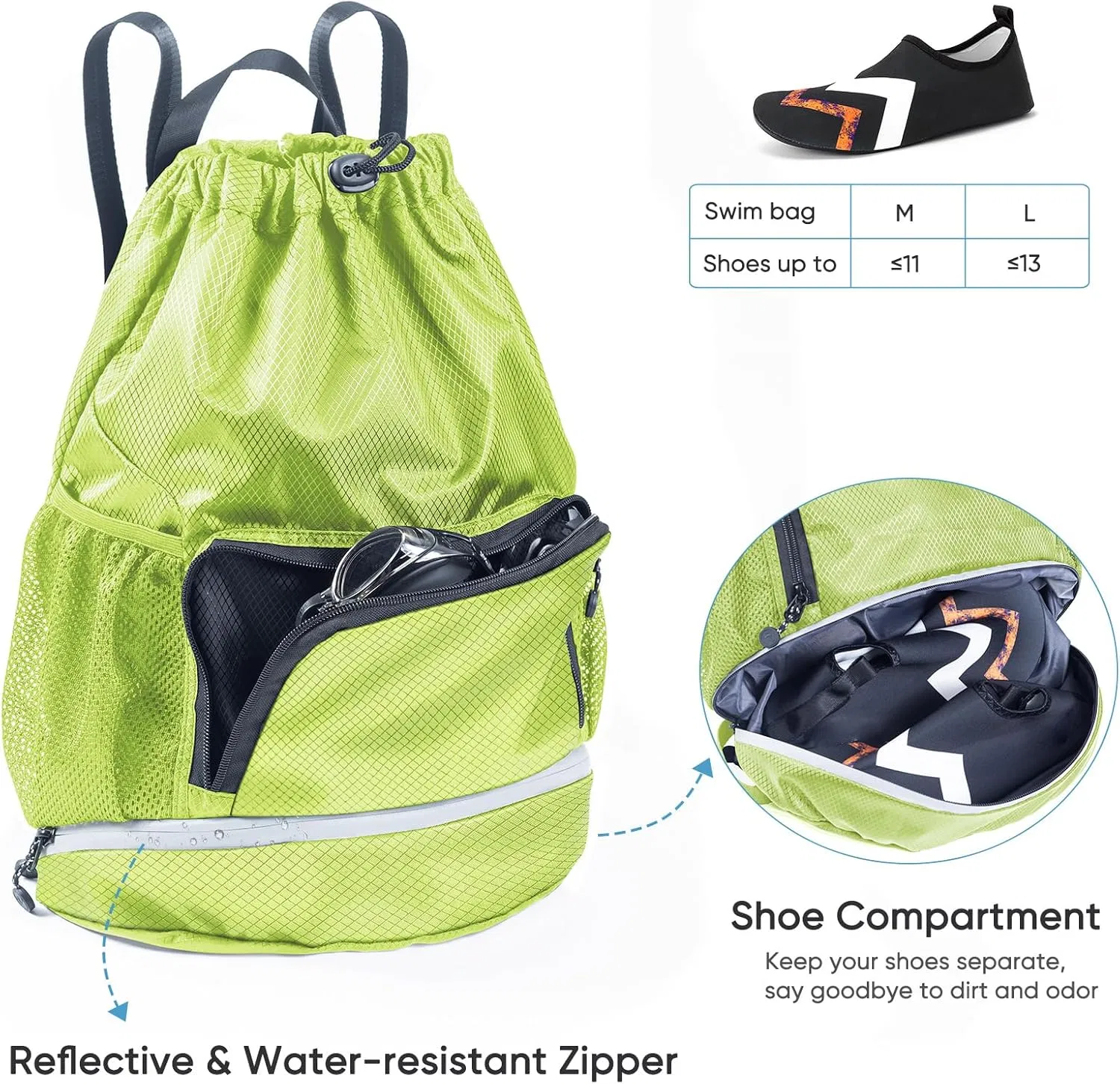 Bolsa de gimnasio para natación con compartimento para zapatos y bolsillo impermeable