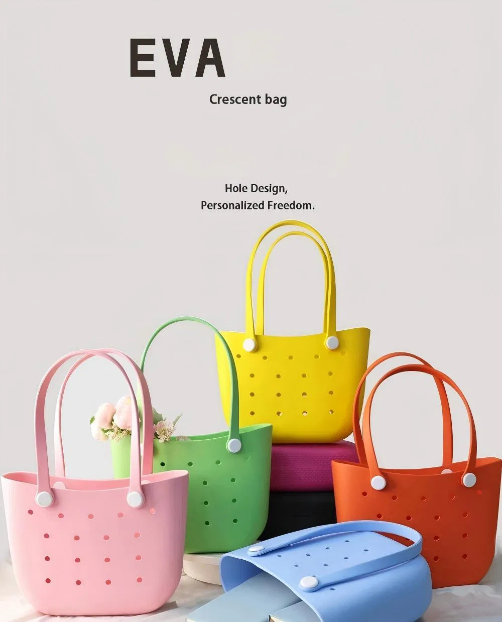 Bolsa de playa portátil, ligera, impermeable y lavable, con diseño simple en forma de luna perforada