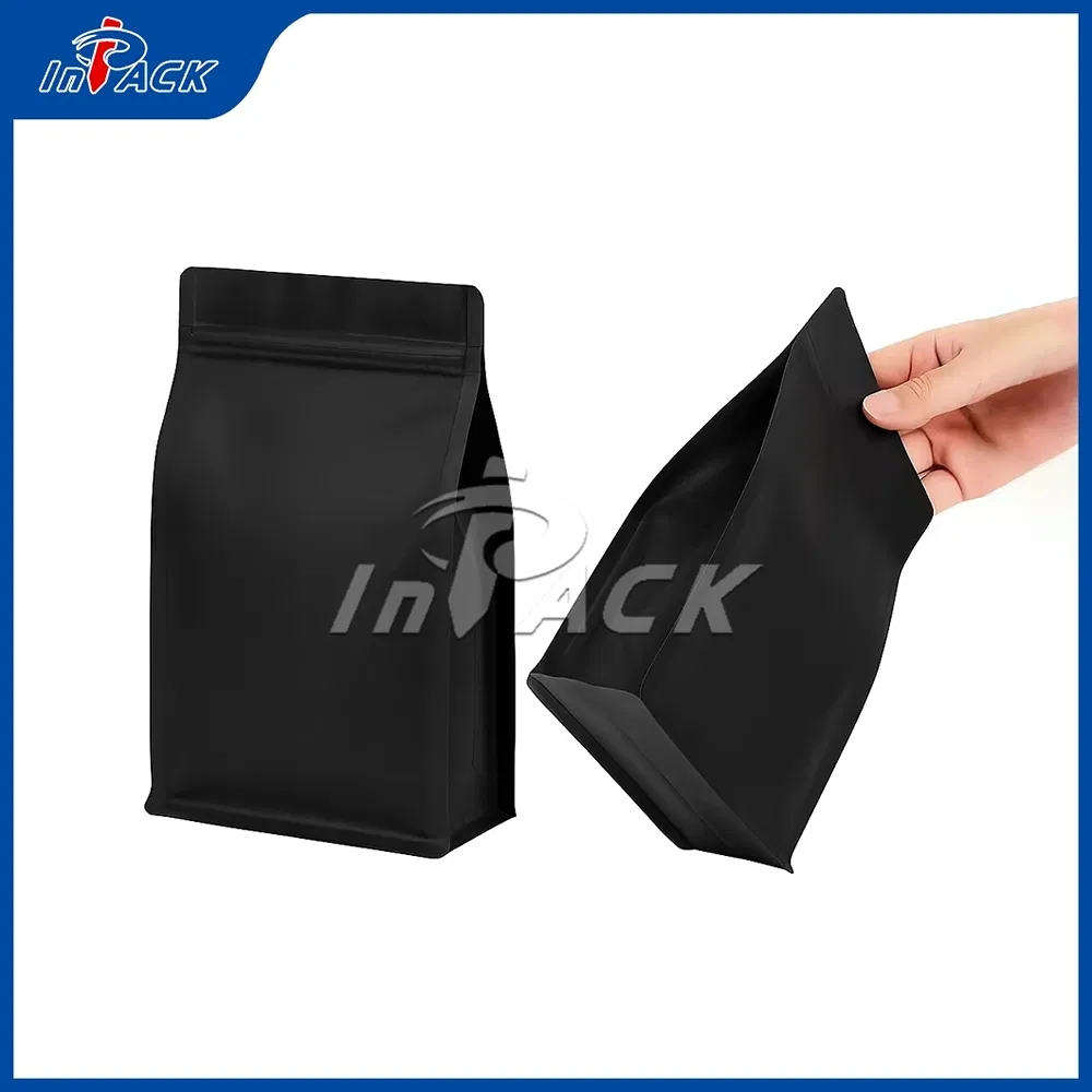 Bolsa plana de fondo con pliegues de acordeón extendidos y soporte para café