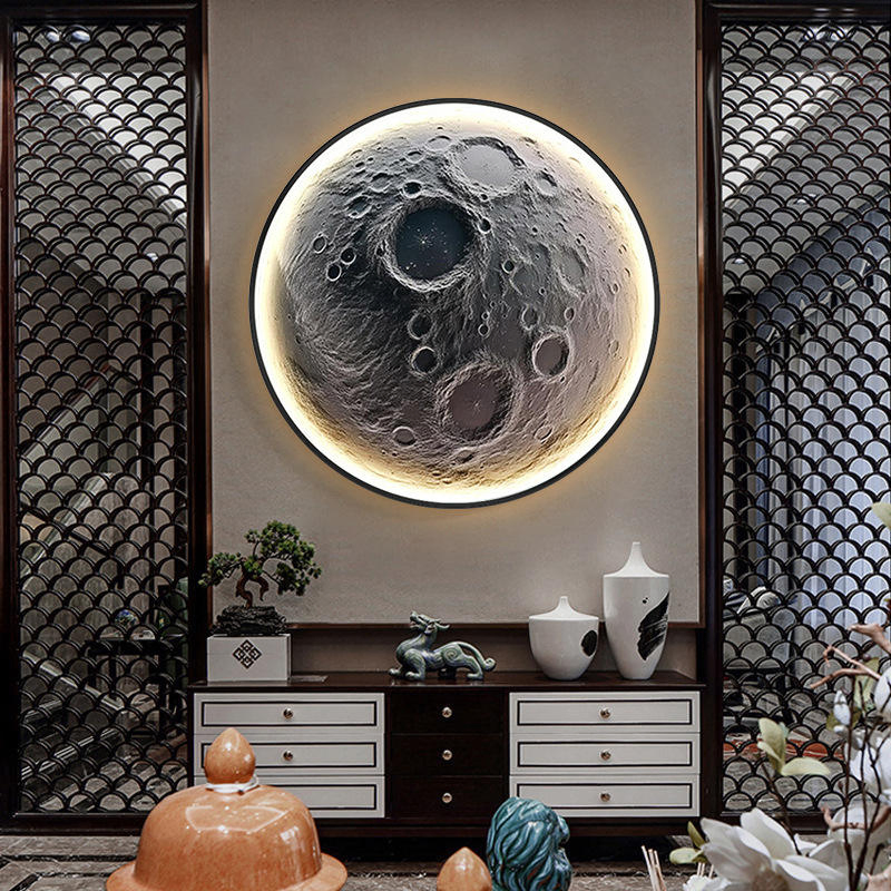 Marco de pared redondo lunar de pintura en porcelana de cristal al por mayor con LED estilo nórdico
