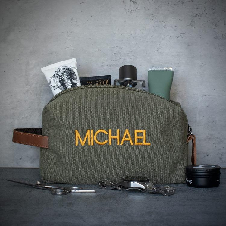 Organizador de maquillaje y cosméticos con logo bordado, bolsa de aseo de lona retro impermeable para hombres