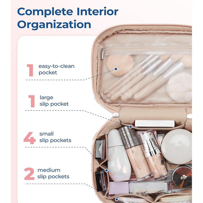 Wx2290 Bolsa de almacenamiento de cosméticos de viaje personalizada, grande, acolchada y esponjosa, con amplia apertura para artículos de tocador