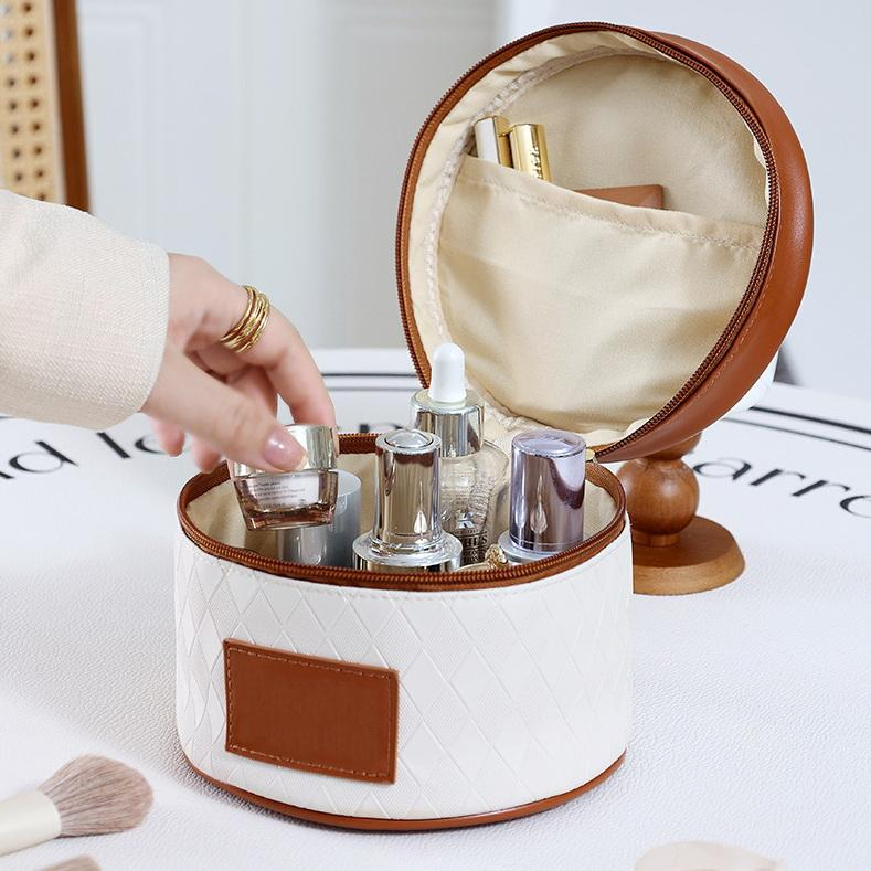 Bolsa de Maquillaje de Belleza Cilíndrica para Dama, Forma de Barril, Bolsa de Cosméticos de PU para Viaje y Aseo