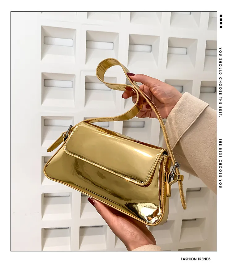 Bolso baguette de mujer de charol elegante, textura brillante, bolso de hombro y axila