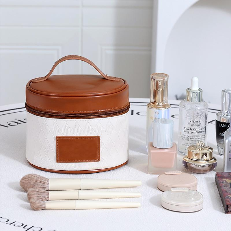 Bolsa de Maquillaje de Belleza Cilíndrica para Dama, Forma de Barril, Bolsa de Cosméticos de PU para Viaje y Aseo