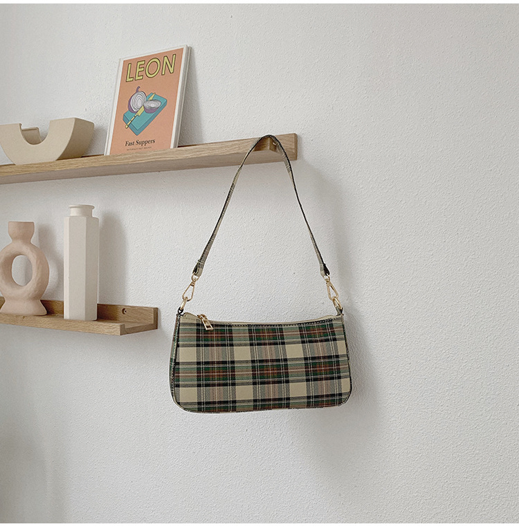 Mujeres prime; Bolsa de lona S Bag, bolso retro de hombro, bolsa diagonal de axila, tendencia de moda, bolsa baguette de cuadros