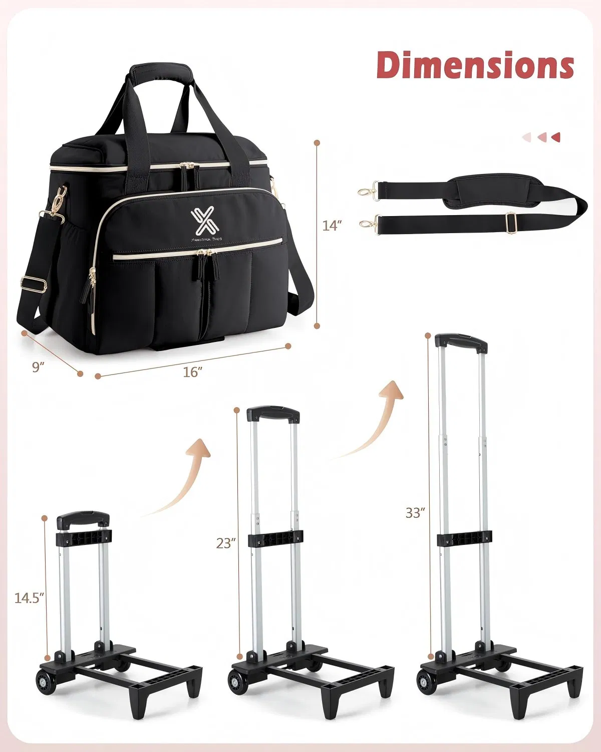Bolsa de profesor con organizador de archivo en acordeón y 15.6" compartimento para laptop, maletín con ruedas y tote con carro desmontable y correa cruzada