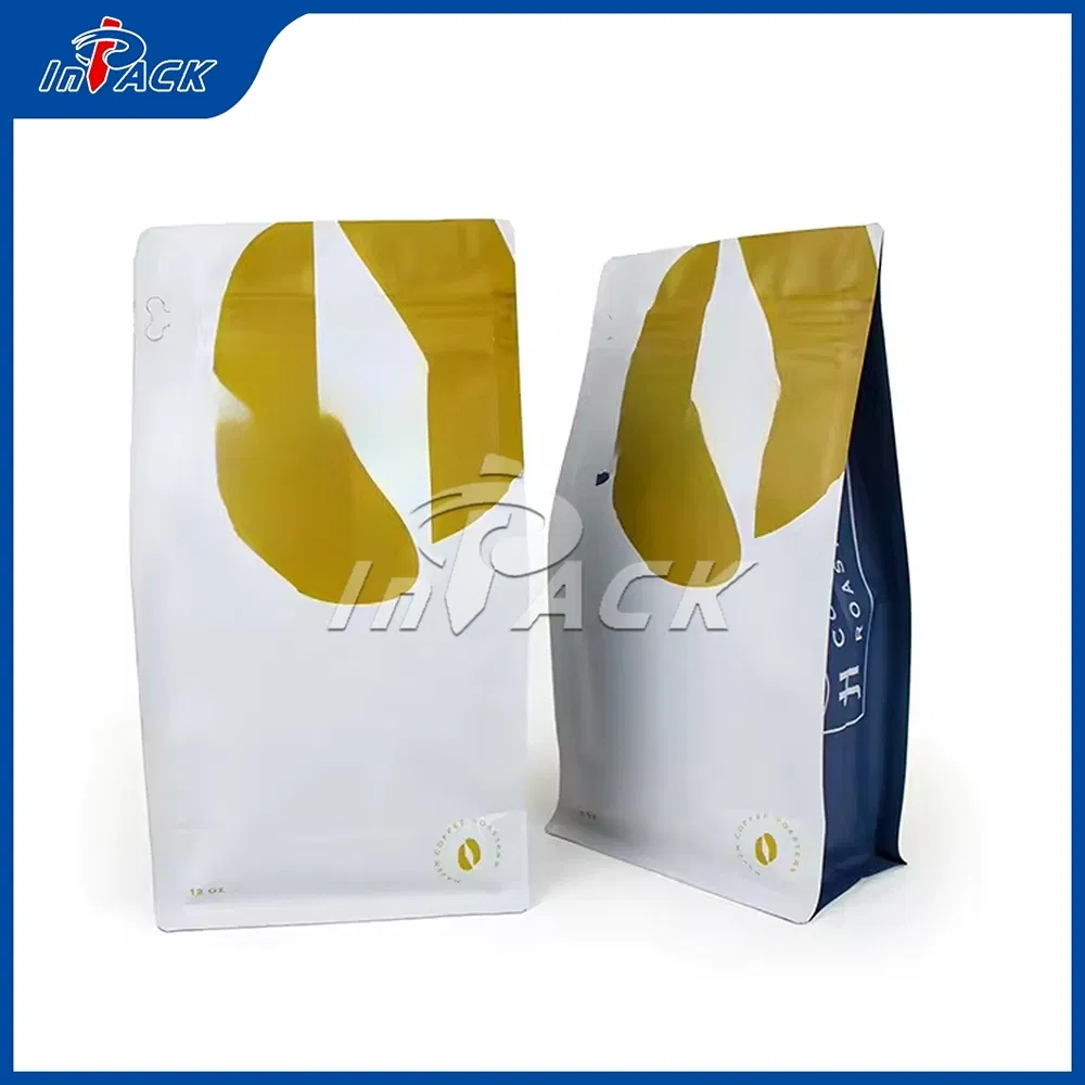 Bolsa plana de fondo con pliegues de acordeón extendidos y soporte para café