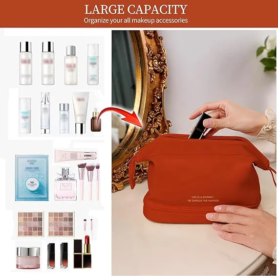 Estuche de viaje cosmético para mujer, bolsa de tocador de cuero vegano suave, personalizada, grande, de doble capa, impermeable y multifuncional