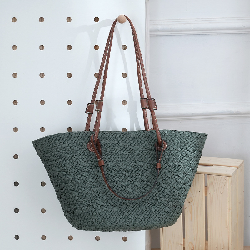 Bolso de paja grande de capacidad, bolso de hombro grande para mujer, bolso de mano tejido simple, bolso de playa de cien, bolso de ratán