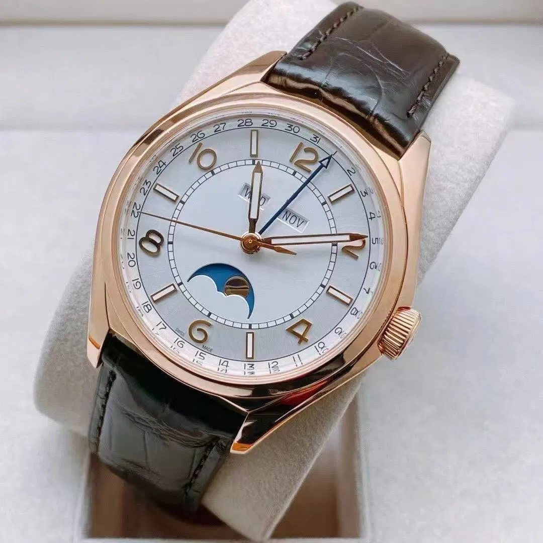 Reloj de hombre automático de movimiento ultra delgado con calendario lunar de placa de plata