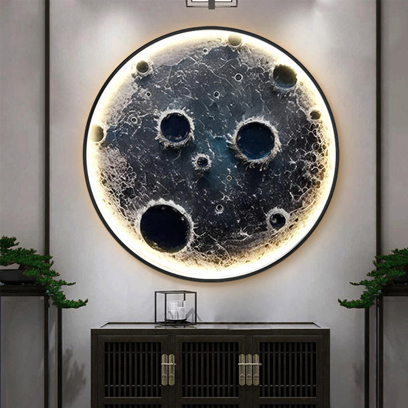Marco de pared redondo lunar de pintura en porcelana de cristal al por mayor con LED estilo nórdico