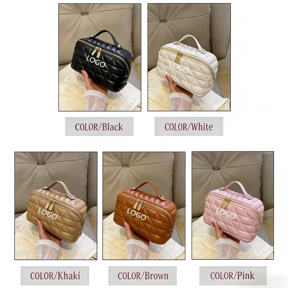 Logo personalizado de lujo, portátil, gran capacidad, bolsa de maquillaje de cuero PU acolchado, regalo de etiqueta privada, organizador de almacenamiento de belleza para viajes con asa suave, bolsa cosmética para damas