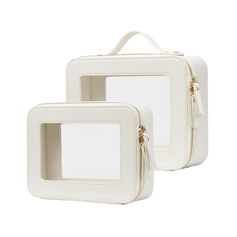 Bolsa de maquillaje profesional personalizada de lujo con logo, estuches con cremallera para viaje, neceser de PVC transparente y cuero PU