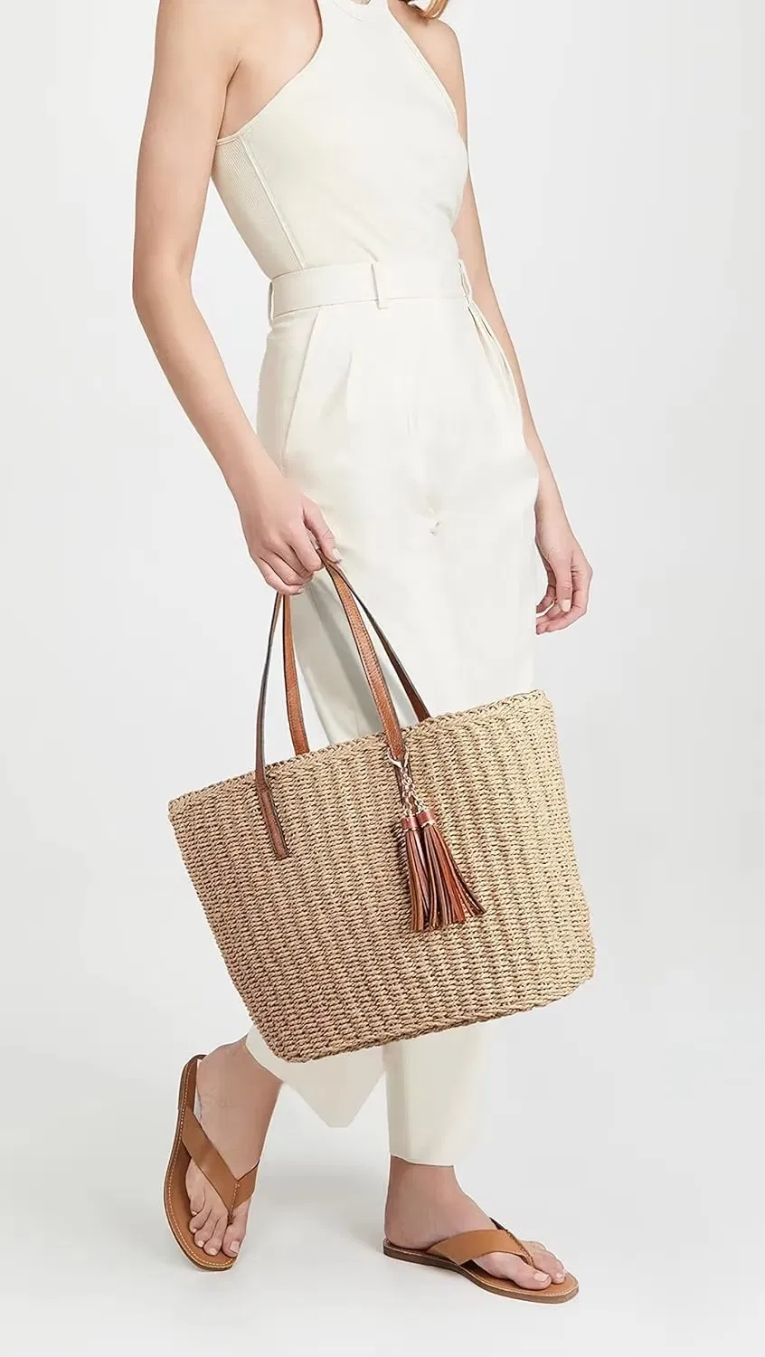 Bolso de paja de algodón macramé vintage para mujeres, uso diario en la playa, material natural ecológico con decoración de borlas