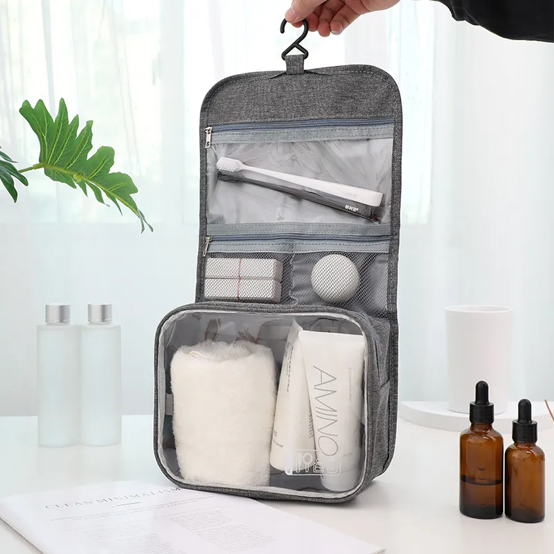 Bolsa de maquillaje de viaje impermeable para mujeres, estuche de tocador con pouch de PVC interior / estuche negro