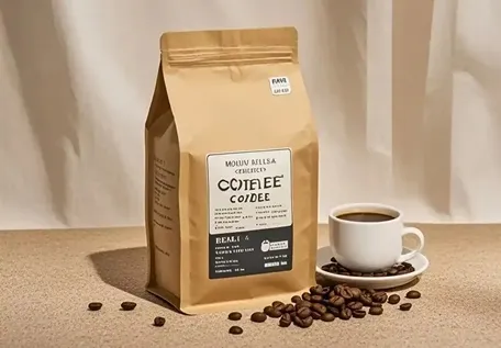 Bolsa plana de fondo con pliegues de acordeón extendidos y soporte para café