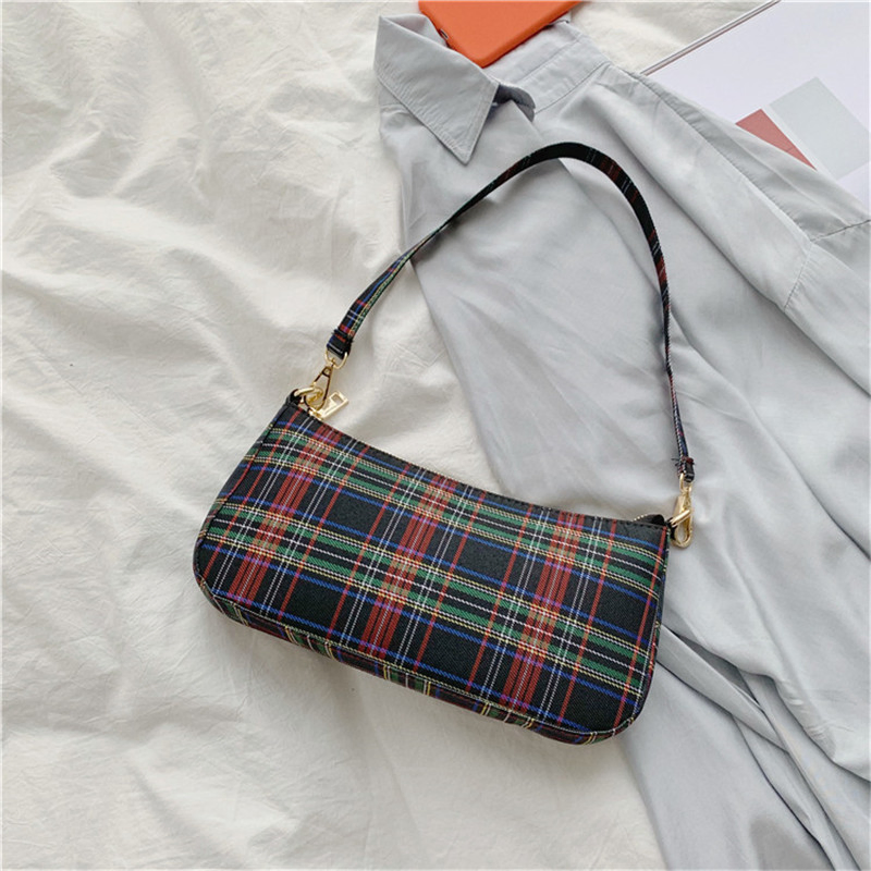 Mujeres prime; Bolsa de lona S Bag, bolso retro de hombro, bolsa diagonal de axila, tendencia de moda, bolsa baguette de cuadros