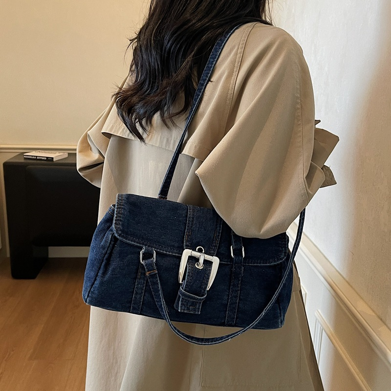 Bolso de hombro de mezclilla tipo baguette, cinturón de nicho para commuting