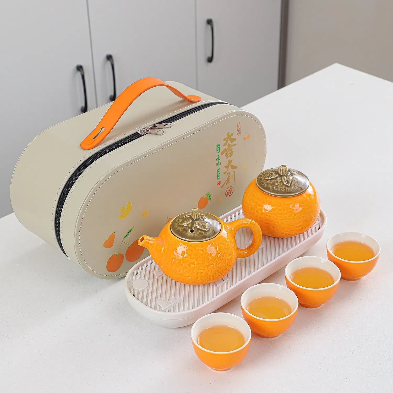 Juego de regalo de té chino "Lucky Orange" premium - diseño de maletín portátil para el Año Nuevo Lunar y regalos de prosperidad