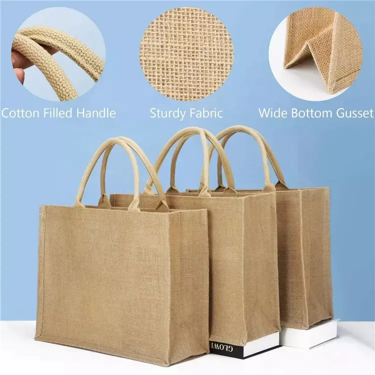 Bolsa de yute al por mayor, ecológica, bolsa de playa de arpillera para compras y publicidad