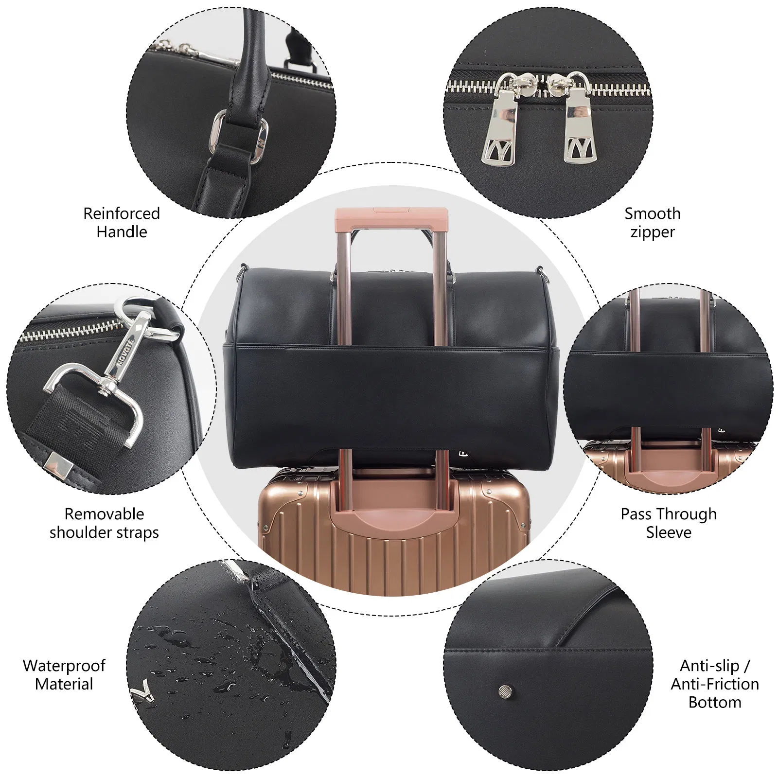 Bolsa de viaje de fin de semana personalizada ecológica unisex de cuero genuino moderno con gran capacidad y cierre de cremallera