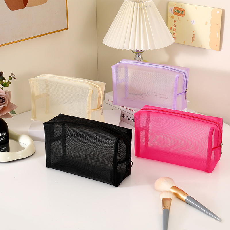 Conjunto de artículos de tocador de nylon de malla visible al por mayor, fácil de limpiar, ideal para viajes, senderismo y salidas, almacenamiento de lápices labiales, gran capacidad, bolsa de maquillaje duradera