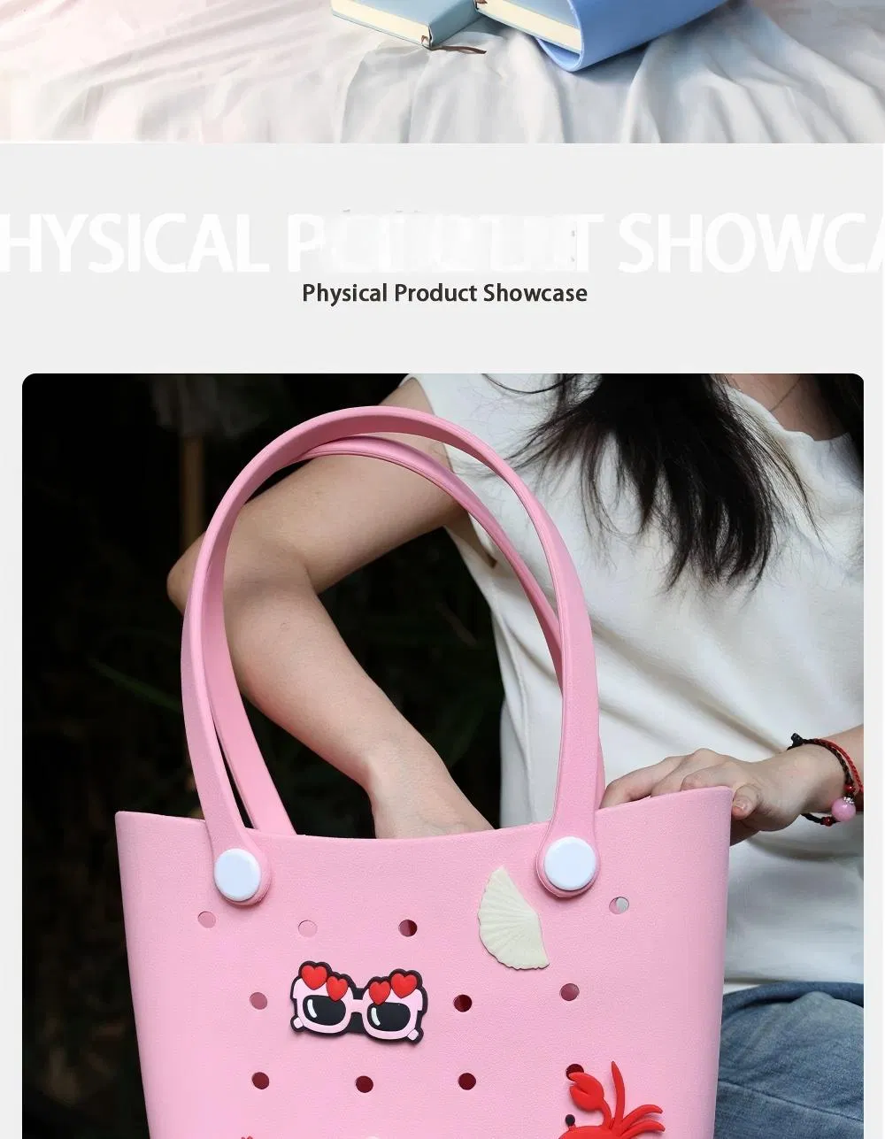 Bolsa de playa portátil, ligera, impermeable y lavable, con diseño simple en forma de luna perforada